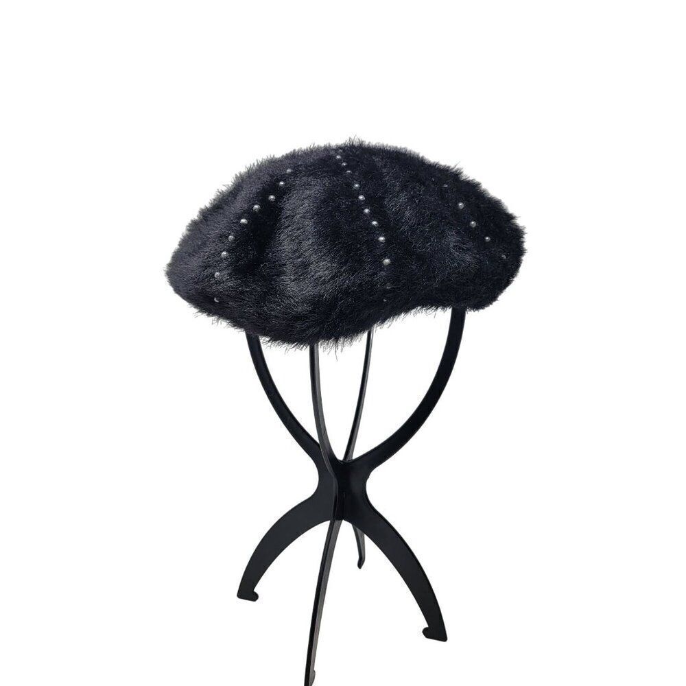 Sole Society Fuzzy Eyelash Black Beret Gunmetal Studded Hat Military City Glam